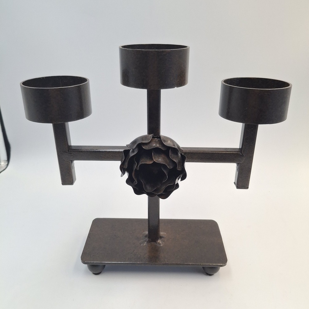 Vintage Wrought Iron 3 Candle Holder Candelabra Hand Forged Rose Spanish Revival